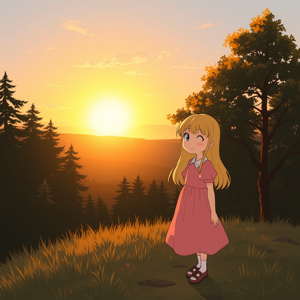 غروب آفتاب در جنگل بالای تپه ای بلند و زیبا و دنج کنار دختری مهربان با مو های زرد و لباس صورتی زیبا با
10