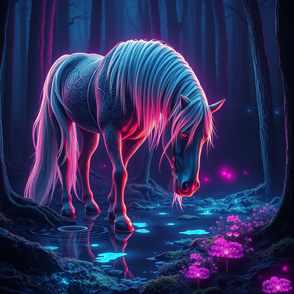 اسب زیبایی با طرح هایی روی بدنش با موهای بلند و سفید در وسط جنگلی تاریک در حال نوشیدن آب 19