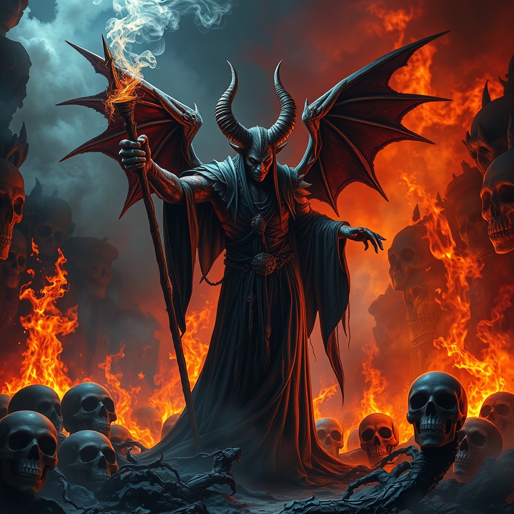 یک روح سیاه که یک چوب جادو در دست دارد در یک جهنم پر از آتش و جمجمه12