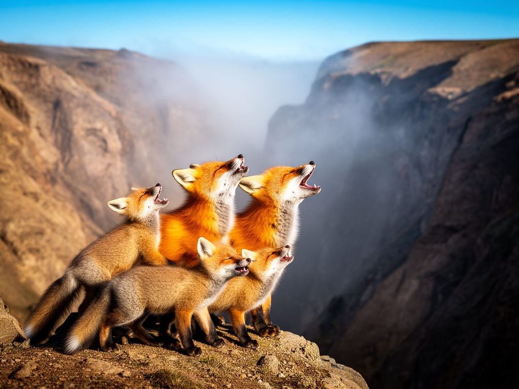 عکس یک روباه نارنجی به همراه فرزندش در بالای یک دره که نیم روخ هستند و دارند زوزه میکشند در روز0