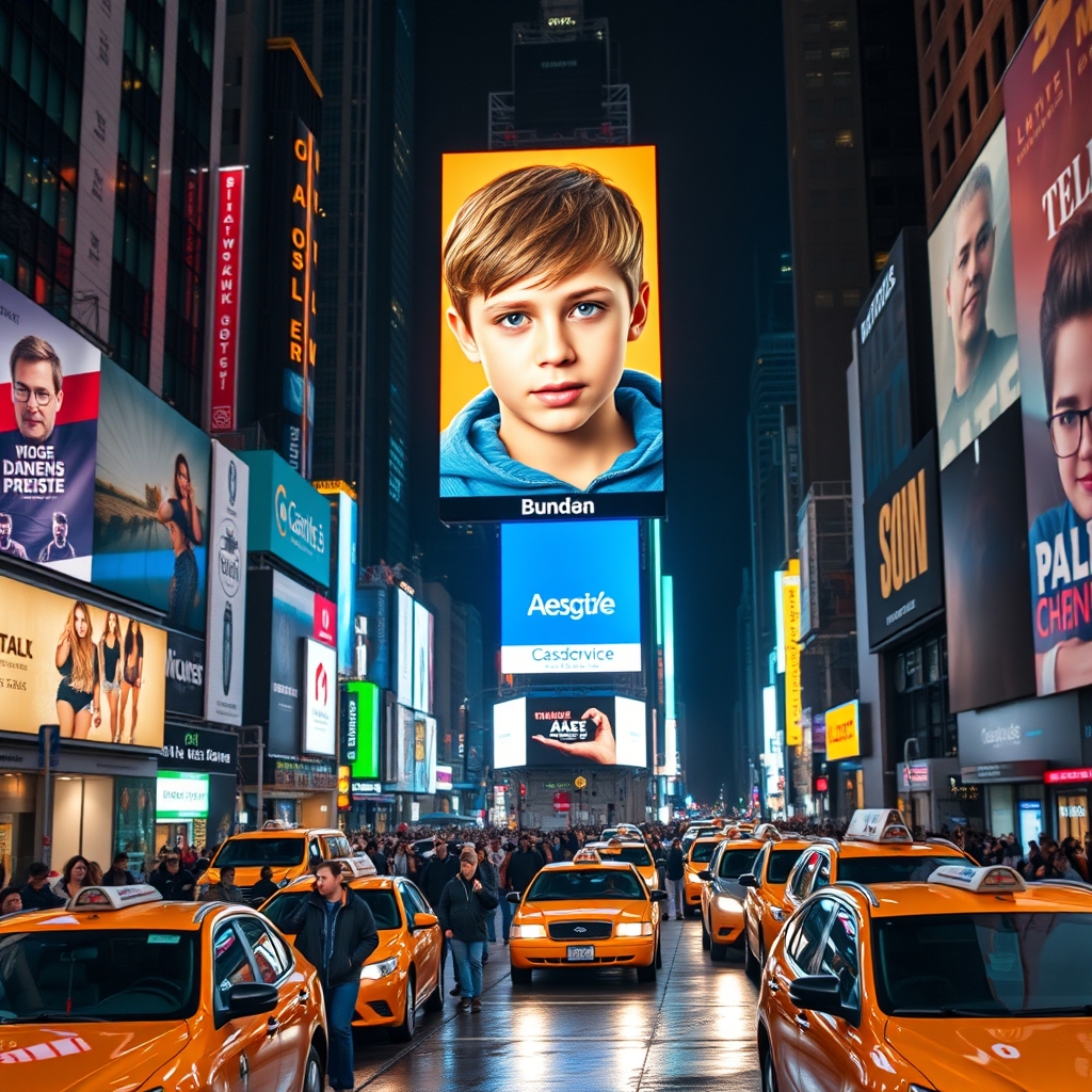 بیلبورد تبلیغاتی بزرگ در وسط میدان تایمز نیویورک که تصویر یک پسر را نشان میدهد و روی آن نوشته شده "Reza Sheivandy"، جمعیت و تاکسیهای زرد در پایین.2