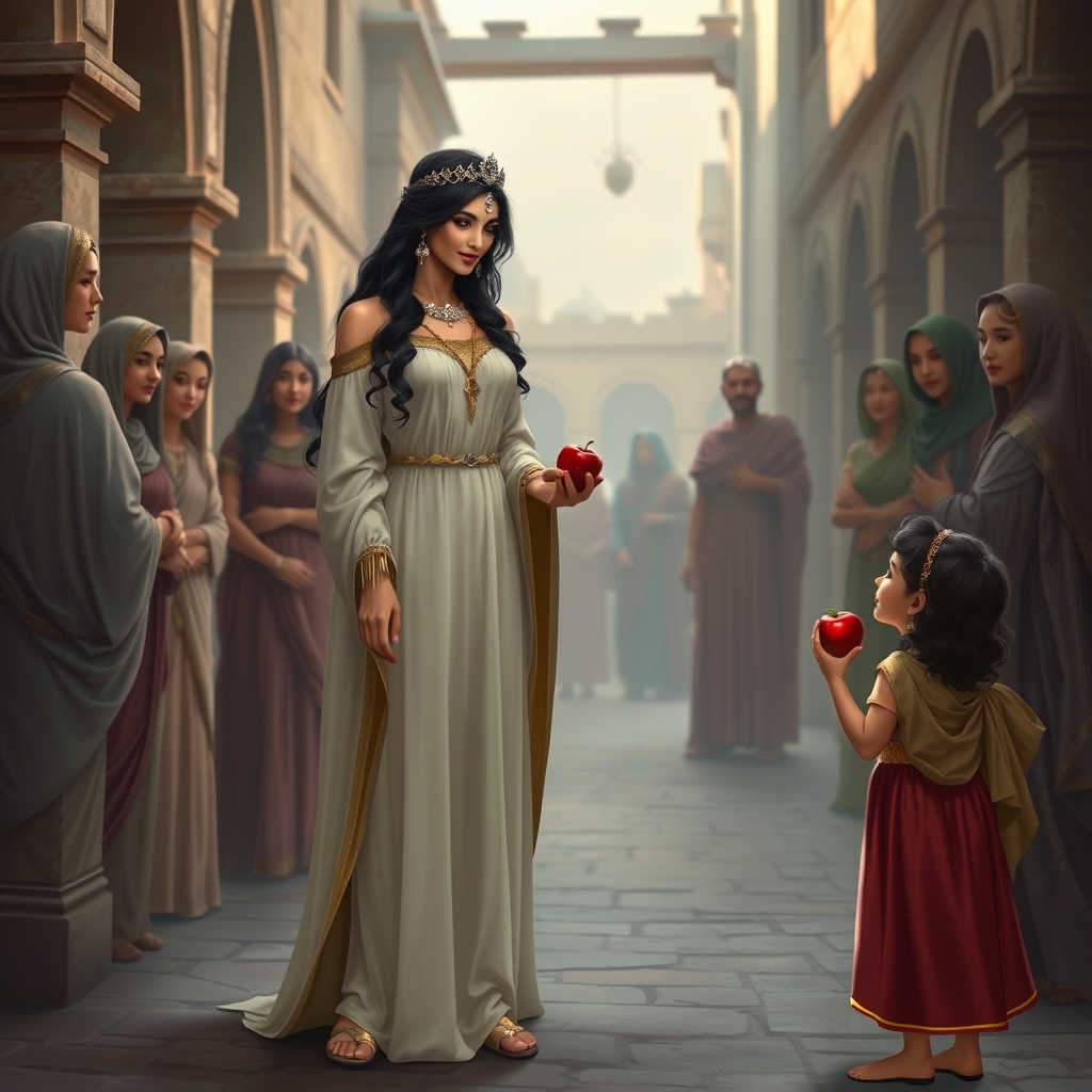 یک بانوی اریایی زیبا با پیراهن بلند با استین های بلند و گشاد رویایی و صندل های طلایی و روی موهای سیاهش یک تاج الماس قرار دارد و یک گردنبند الماس بر گردن در خیابان های ایران باستان هخامنشی ایستاده است و چند ندیمه کنارش هستند و به دختر بچه ای که به او سیب قرمز تعارف میکند نگاه میکند و لبخند میزند 1