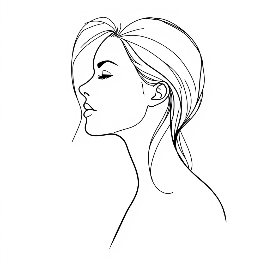 A minimalist female profile portrait done in a single continuous black line. The line elegantly captures her face, hair, and shoulders in one flowing movement. Clean white background, modern line art, simple yet sophisticated.1