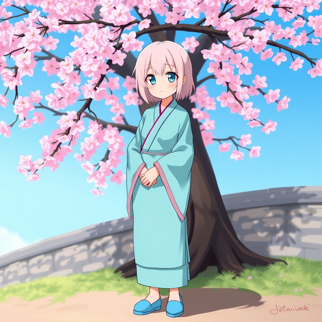 یک انیمه با چشم های ابی فیروزه ای در کنار درخت با شکوفه های صورتی با لباس فیروزه ای و کفش های ابی اسمانی و مو های صورتی کم رنگ 
1