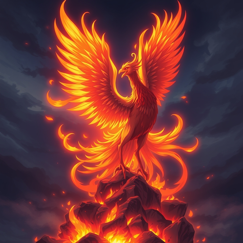 یک ققنوس برخاسته از زغال‌های درخشان، با بال‌هایی آتشین که گسترده شده‌اند.2