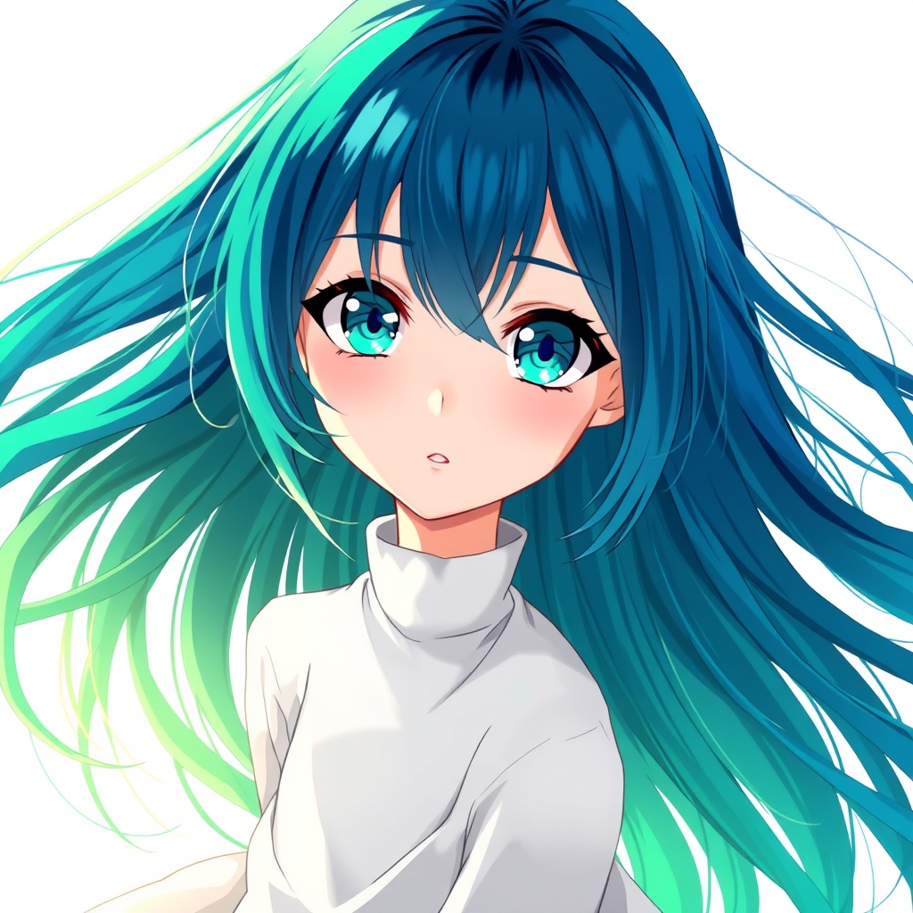 عکس یه دختر با موهای بلند آبی که بخش پایین موهاش سبز هست . چشم های اون دختر درشت و درخشان هستند و رنگشون سبز‌آبی هست . اون دختر ۲۰ سال ین داره و لباس سفید و خاکستری پوشیده12