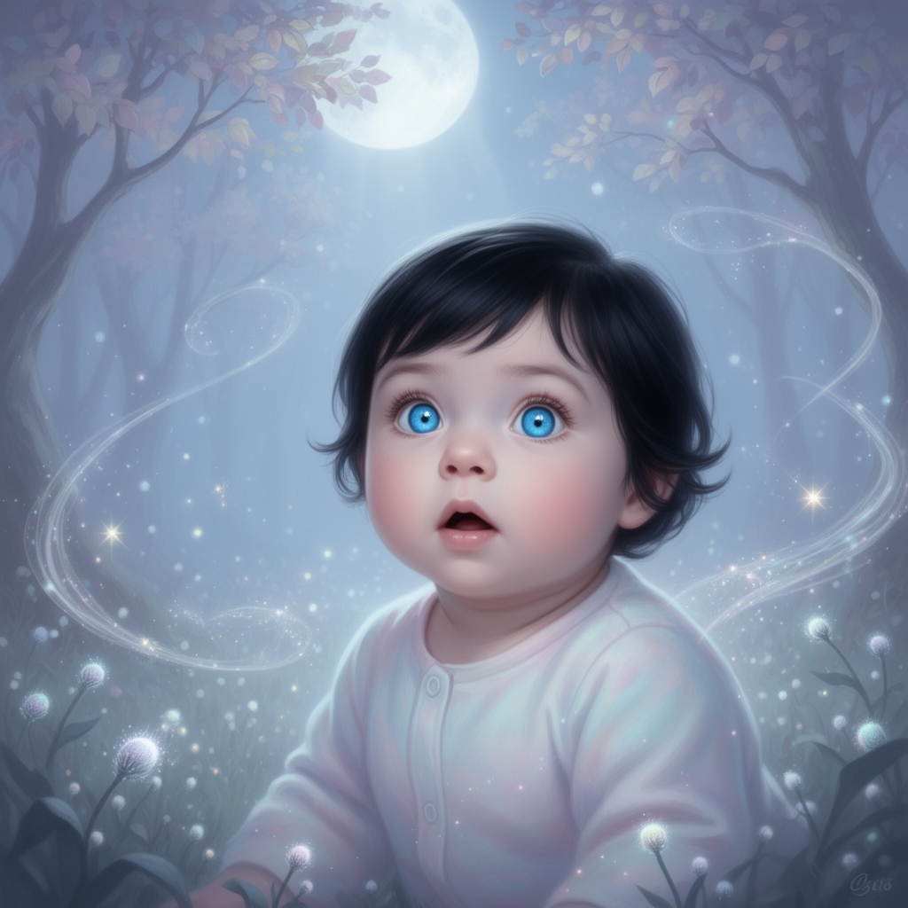 یک نینی خوشگل با چشم های آبی آسمانی دختر موهای ساف به رنگ سیاه سه ماهه که با حالتی تعجب نگاه میکند.0