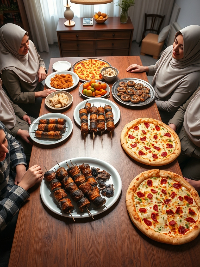 کوبیده با جیگر و با پیتزا و هرکدام آن ها ۵نفره باشد و ۵نفر در میز نشسته اند 
15