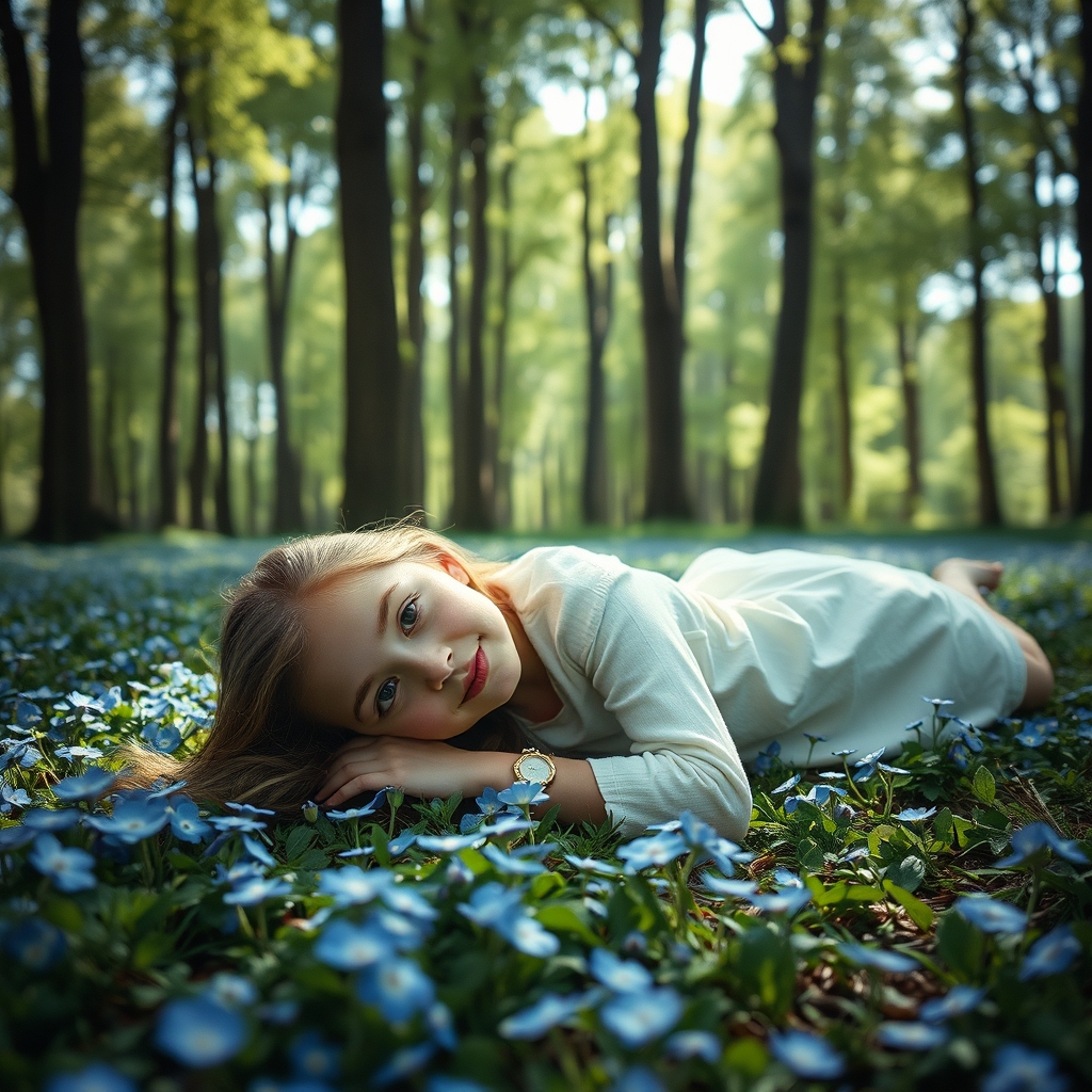 دختری زیبا دراز کشیده در باغ گل های آبی ریز در جنگلی با درخت های بلند که آفتاب از لایه برگ هایشان می تابد22