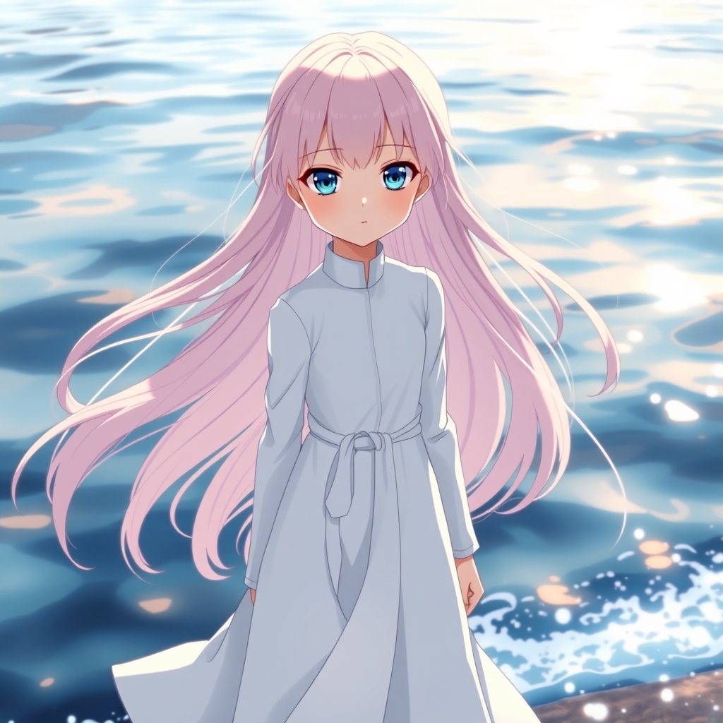 دختری با موهای بلند صورتی خیلی کمرنگ و چشمای آبی، و پیراهن سفید در لب دریا19