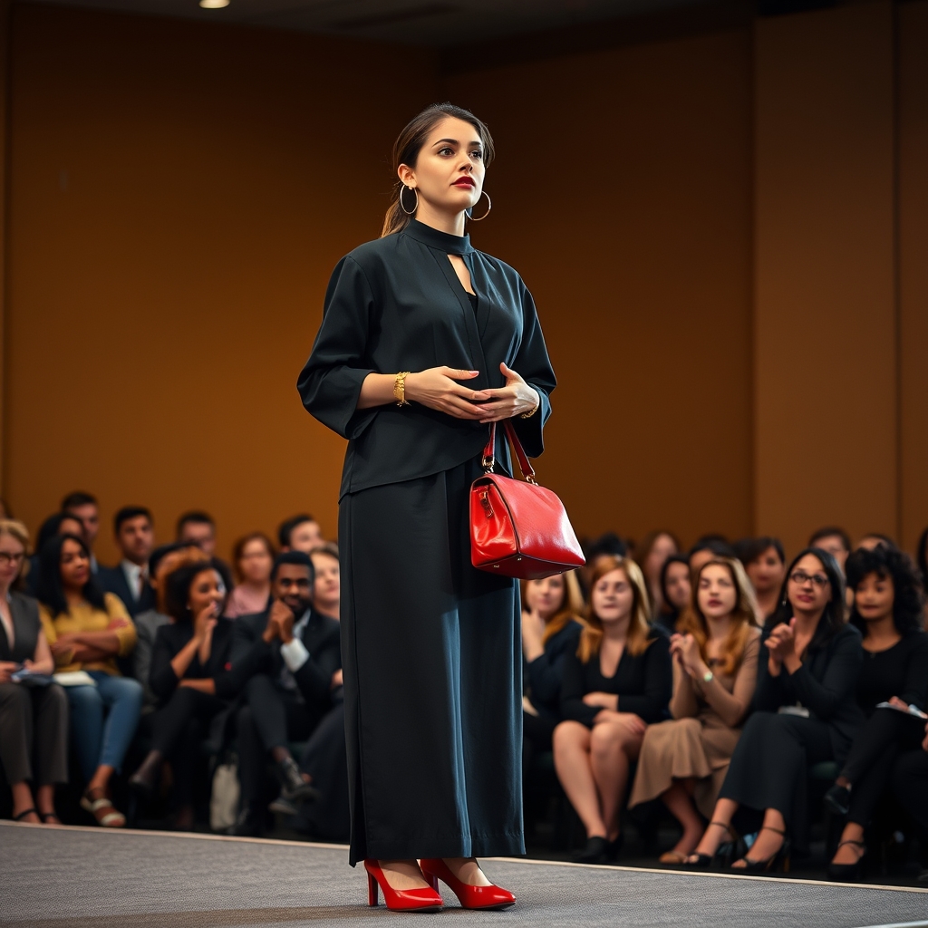 دختری که روانشناس است و الان با کت و شلوار مشکی کفش و کیف قرمز با دستبند های طلایی گوشواره حلقه ای بزرگ در حال مشاوره دادن است بر روی صحنه است و مردم با اشتیاق و حیرت در حال گوش دادن هستند11