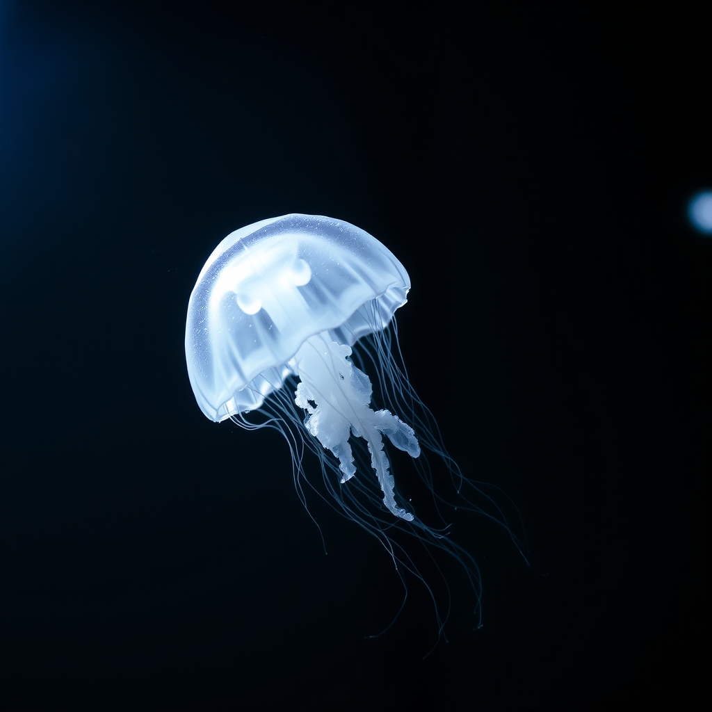 یک عروس دریایی شفاف شناور در هوا، که به نرمی در یک اتاق تاریک می‌درخشد.18
