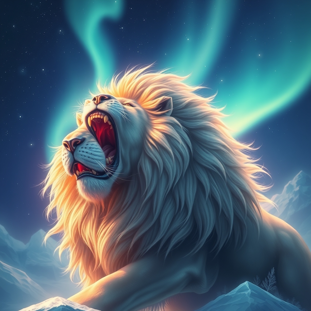 یک شیر قدرتمند با خز کریستالی‌شکل، غرش‌کنان زیر آسمانی روشن از شفق قطبی.18