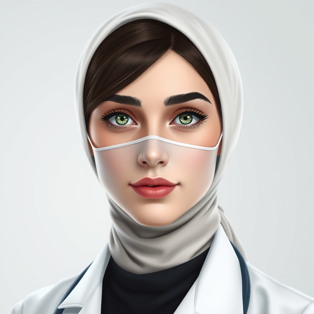دختر پزشک با حجاب با چشمان سبز جنگلی بینی و ابرو های کشیده صورت سفید لب های ریز و خوش فرم گونه های ریز و قرمز 13