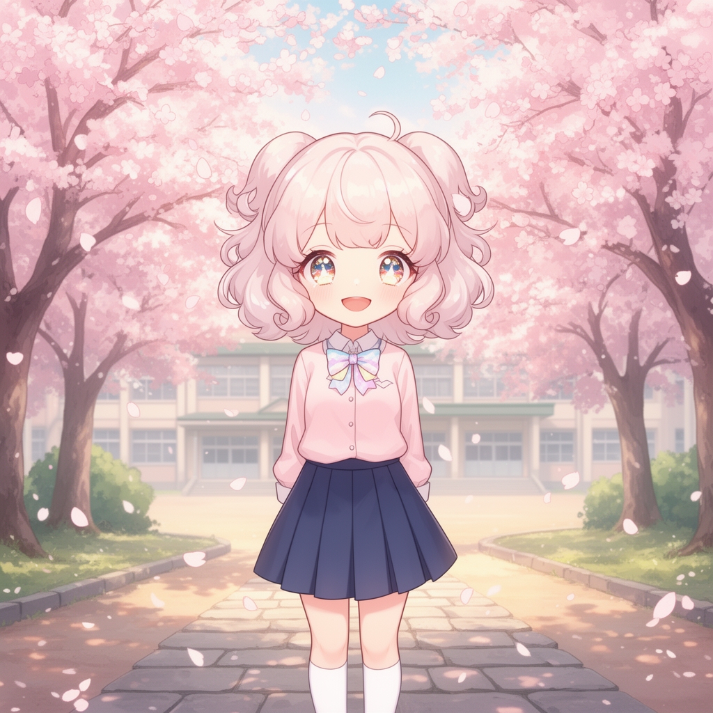 cute anime school girl, pastel uniform, playful smile, fluffy hair, sparkling eyes, cherry blossom petals, warm soft lighting, dreamy schoolyard background, high-detail illustration, kawaii aesthetic1