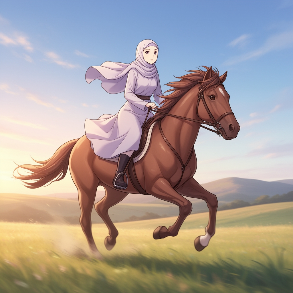 دختری که با حجاب است و سوار اسب قهوه ای است4