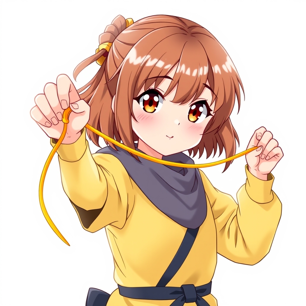 یک دختر نوجوان زیبا بامزه با مو های خرمایی که یک تار زرد دارد نینجا با لباس زرد خفن6