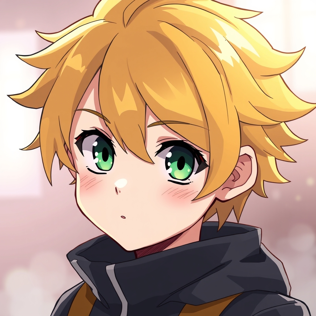 عکس یه پسر بچه انیمه ای ما موهای زرد و چشمای سبز که یه لباس لش سیاه پوشیده
21