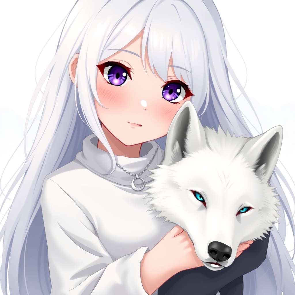 دختری ۱۵ ساله با مو های بلند به سفیدی برف،چشمان بنفش نافذ،گونه های گلگون،پوستی بیش از حد رنگ پریده،او لبخند کوچکی به لب دارد و چهره ای بسیار زیبا و مظلوم دارد، او پیراهن سفید رنگ یقه باردو ی خیلی زیبایی پوشیده و لاغر و خیلی زیبا است
او آویزی نقره به شکل ماه دارد (آویز باستانی است کاملا از نقره است) به گردنش انداخته و موهای سفیدش جلوی چشم چپش را گرفته او کنار گرگ سفید چهارشانه ای با چشمان آبی زانو زده و دستش را دور گرگ حلقه کرده است و گرگ هم در آرامش کامل کنار دوست انسانش نشسته
22