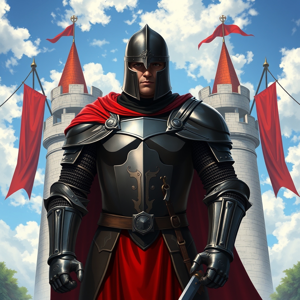 شوالیه ای با زره سیاه که سر تا پا را پوشانده و شنلی قرمز. حالت ایستادن و بدن شوالیه حس غرور و قدرت را میدهد. پس زمینه نمای خارجی از روبرو قلعه با پرچم قرمز آویزان یکی سمت راست و یکی چپ و آسمان آبی با ابر های پراکنده سفید.5