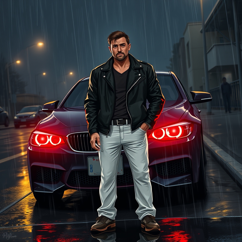 تصویر مردی دل شکسته که در هوای بارانی شب روی پای ایستاده کنار ماشین بی ام دبلیو که نور های جلوی ماشین قرمز هستن و او مرد یک کت چرمی مشکی و شلوار سفید بر تن دارد و ته ریش هم دارد و سیگار مای برو در دست دارد واقعی گرایانه3