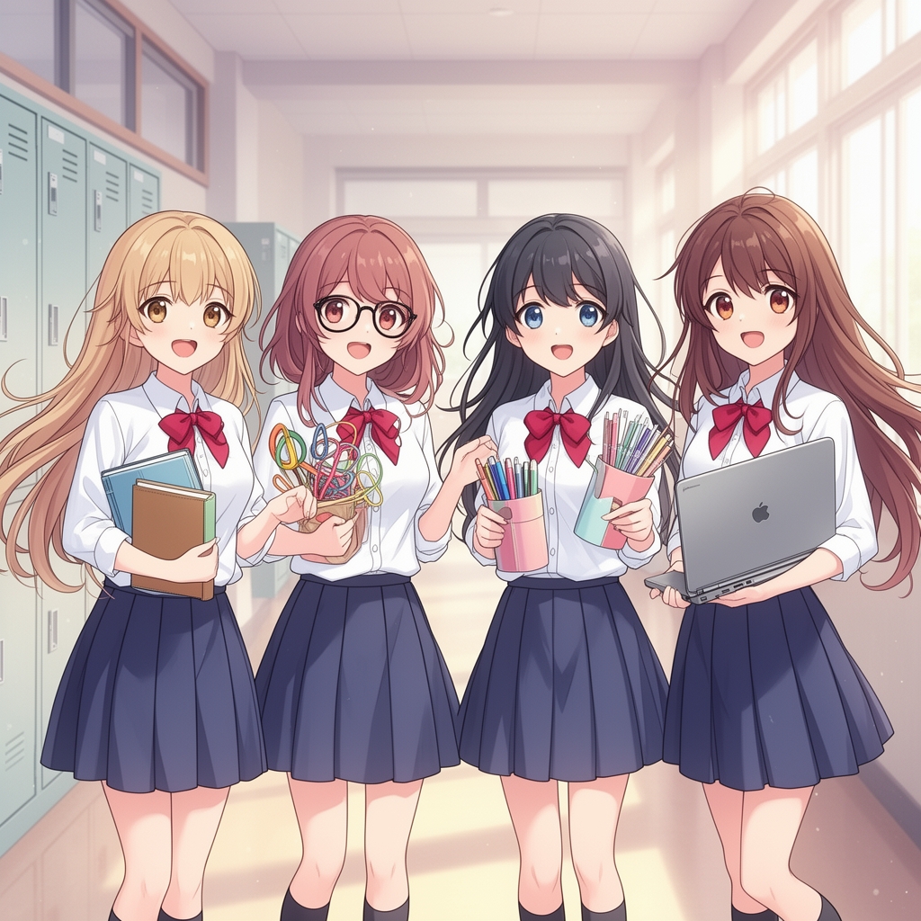 چهار دختر ، که لباس مدرسه پوشیدن و دو تا از اونها عینکی هستند و موهای خیلی زیبایی هم دارند که یکی ازان ها کتاب زیر بغلشان بود و یکی دیگر وسایل کاردستی ، یکی دیگر لوازم تحریر  ، و دیگری هم لپتاپ19