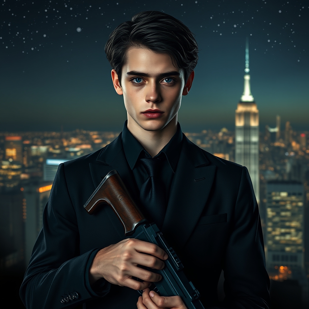 مردی جوان با موهای مشکی رنگ  و با چشمانی آبی رنگ که با لباس اشرافی مشکی رنگ تنش باشد و تفنگی در دستانش باشد و پشت سرش شهر باشکوهی باشد و ستاره‌ها در آسمان بدخشند18