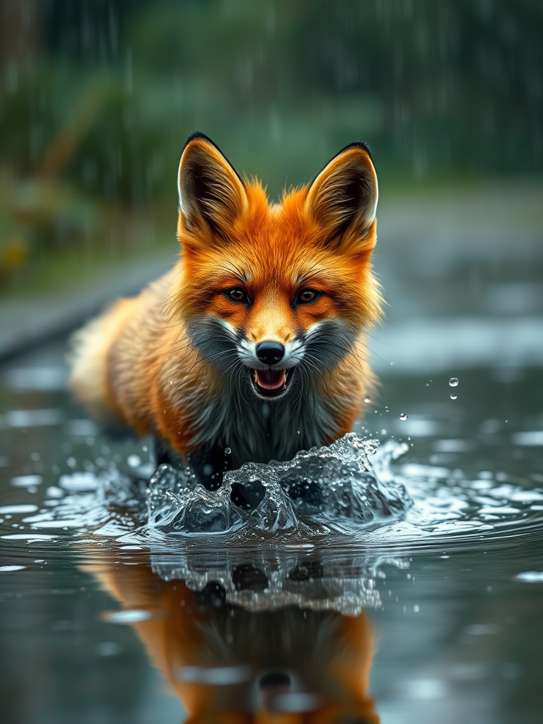 یک روباه بسیار خوشگل و با اندام متوسط  و قهوه ای و کمی پشمالو و نرم  که در زیر بارن خیس شده است  که خیلی خوشحال است و در ‌چاله هایی که با باران ایجاد شده است  درحال بازی و آب تنی است به سبک ونکوگ 16