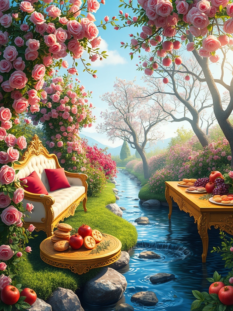 صبحی دل انگیز بهاری روشن 
باغی افسانه ای با تونل افراشته از بوته های گل 
و درختان پرشکوفه سیب و انار و پوشش انبوه گلهای رز اطلسی لی لی یم شب بو 
آبشاری و رودی جاری ست 
پایین رودخانه 
کاناپه دراز ال مانند سفید طلایی با کوسن های قرمز 
و میز طلا پر نان کره خامه عسل مربا حلوا باقلوا شیر خوشه انگور سیب انار3
