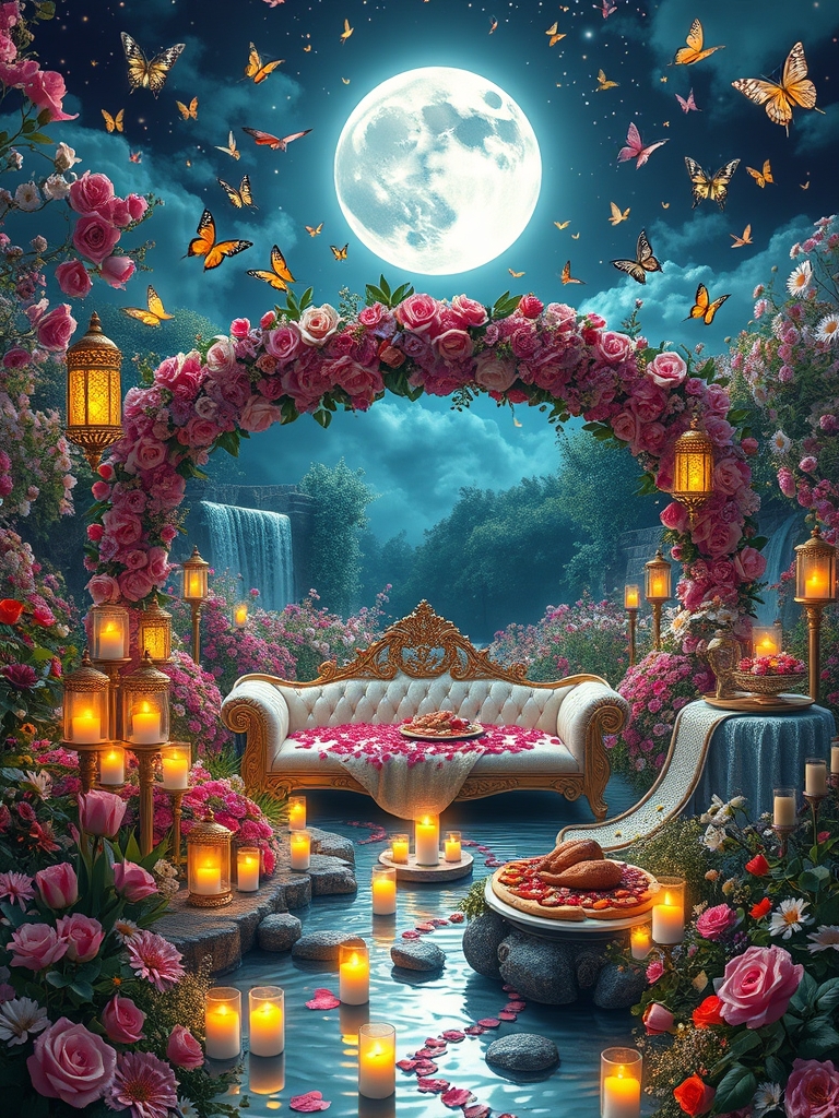 شب مهتابی درخشان پر ستاره پر پروانه درخشان
باغ زیبای بزرگ و افسانه ای پر رز لاله لی لی یم اطلسی شب بو مریم کوکب یاس نرگس نسترن  سرتاپای باغ با گلها پوشیده شده 
آبشاران جاری اند
شمعدان های بزرگ طلا پر شمع روشن
هزاران شمع گوشه کنار 
رودها به هم می ریزند
زیر طاق گل صورتی 
یک کاناپه سفید و طلایی دراز پر شده با گلبرگ
 و میز مجلل شام 
پر نان مرغ بریان کباب باقلوا  میوه سیب انار انگور22