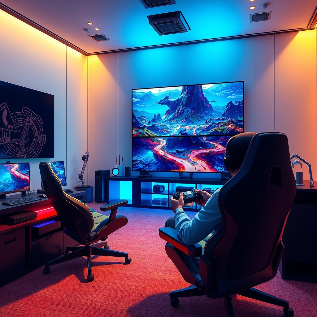 یک اتاق گیمینگ بزرگ با صندلی ی گیمینگ یک نور رو آن نشسته و دسته ی بازی دستش هستد و به مانیتور نگاه می کنه13