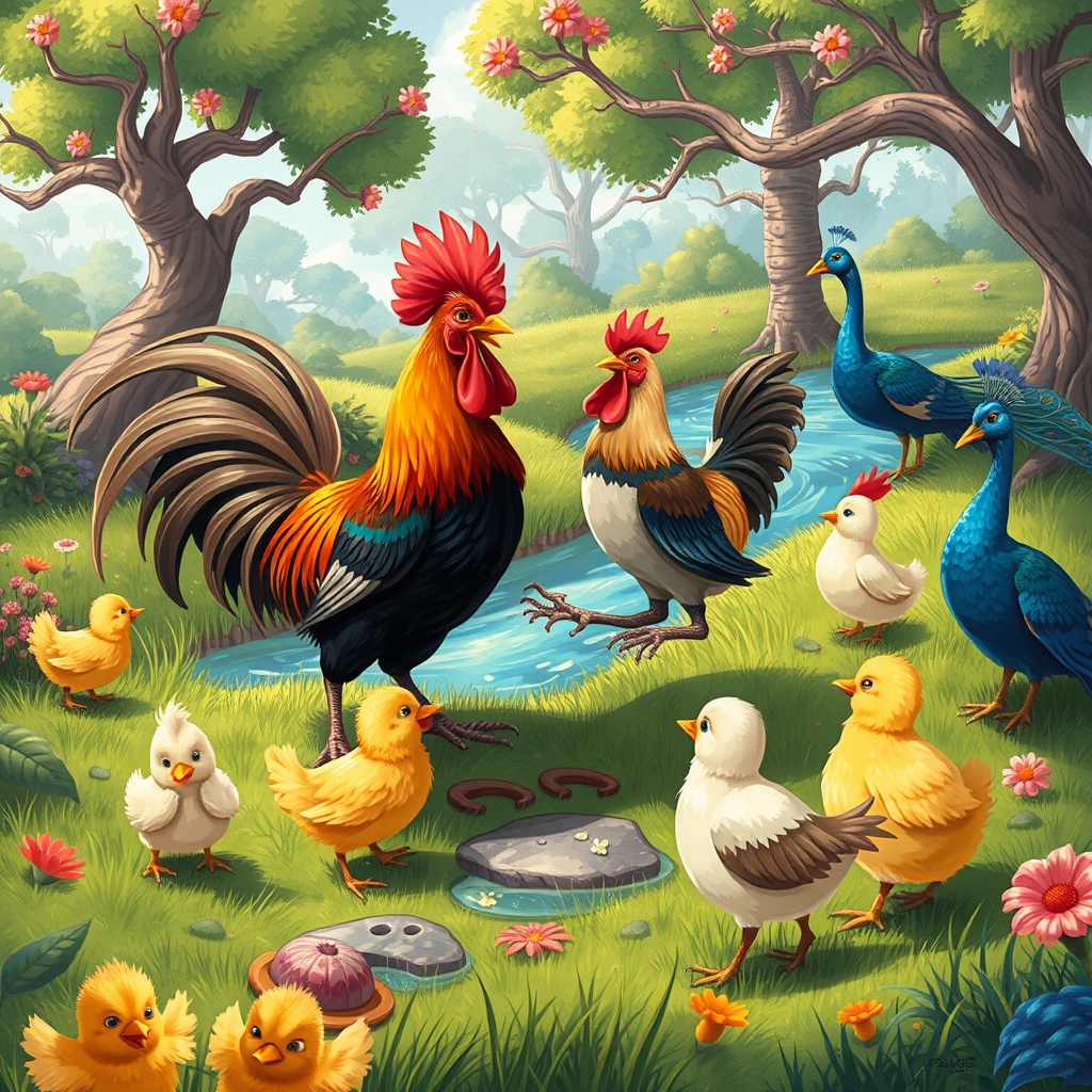 جنگ و دعوای مرغ و خروس باهم و عده‌ای جوجه، اردک و بلدرچين در حال تماشا5