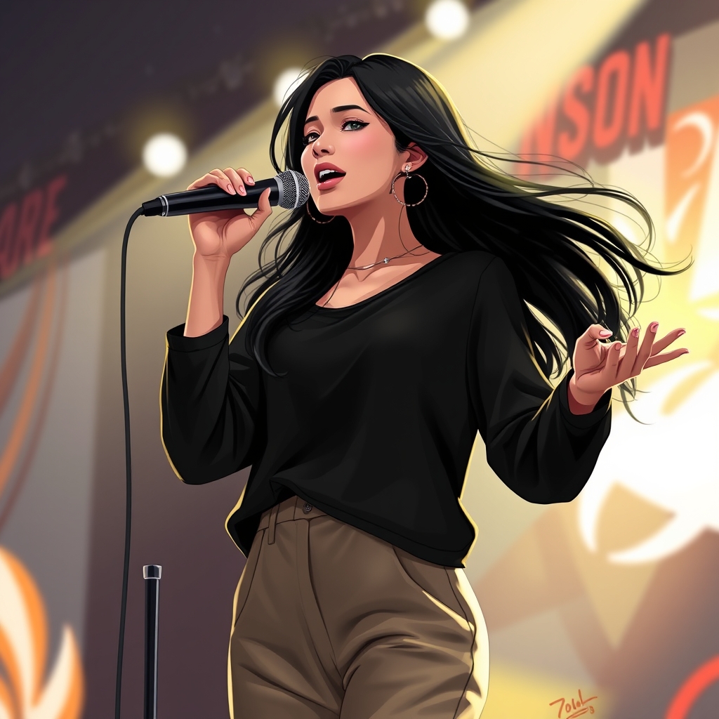 یک دختره خفن و لات با موهای مشکی با لباس نیم تنه مشکی خواننده در حال آواز خوندن 5