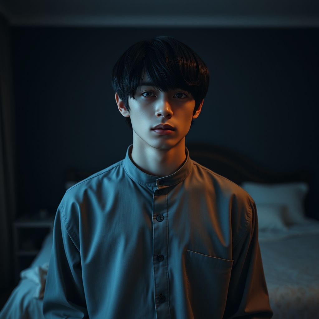 
پسر  ۱۸ ساله با موهای سیاه موهای صاف
و چشمان قرمز. وتیپ سیاه و پس زمینه اتاق خواب 
4