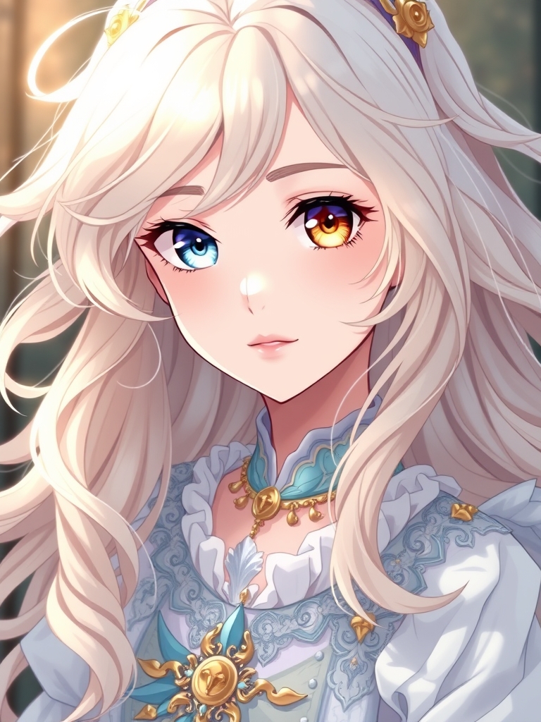 عکس یه دختر با موهای حالت دار که رنگشون سفید هست و لی بخش زیادی از موهاش طلایی هستن. یکی از چشم های اون دختر سفید مایل به آبی و چشم دیگش طلایی هست پوستش سفیده و لباس های سلتنطی سفید و آبی مایل به سفید و طلایی پوشیده 23