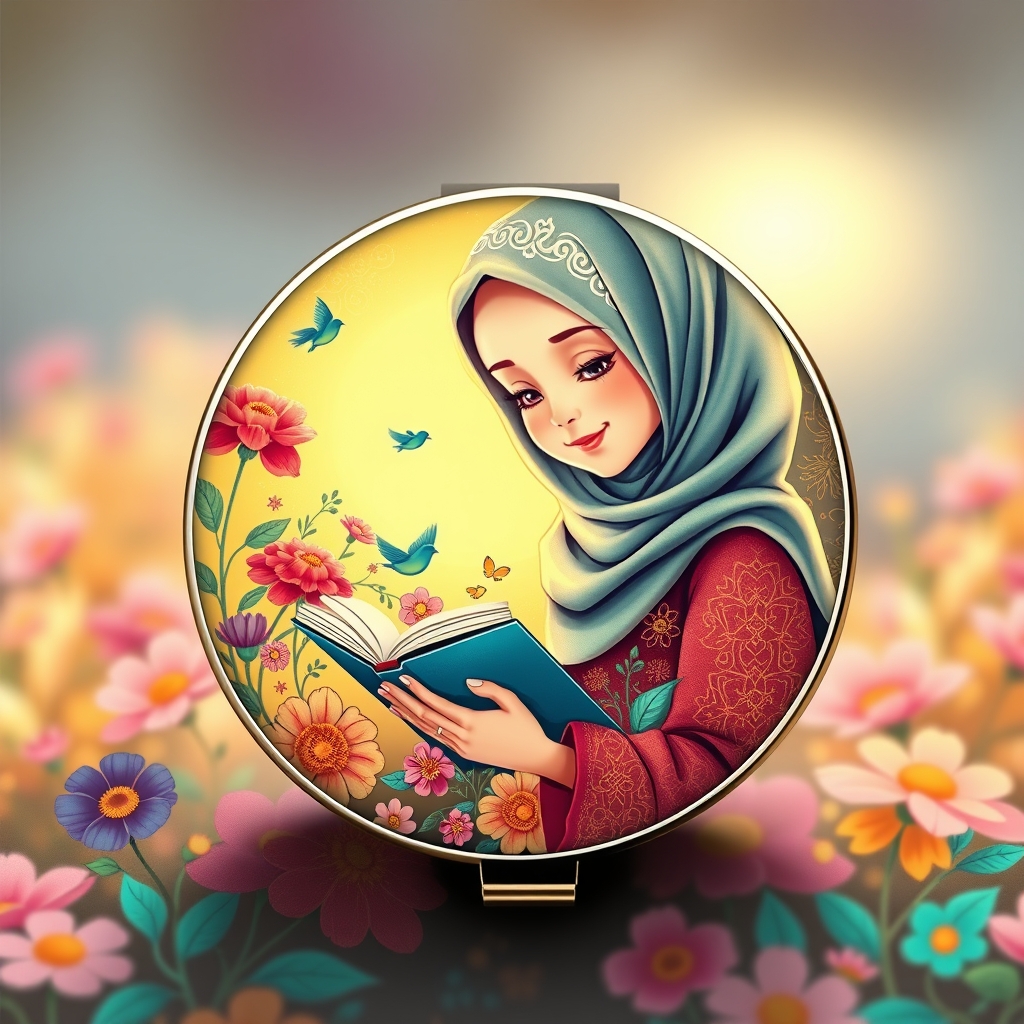 Create a beautiful and artistic design for a 6 cm pocket mirror, suitable for young girls and teenagers, that reflects Iranian-Islamic culture. The image should include elements such as traditional Iranian floral patterns (like Eslimi or Persian miniatures), Islamic geometric designs, and subtle symbols of hijab, such as a cheerful young girl wearing a stylish hijab, engaged in an activity like playing or reading. The dominant colors should be warm and vibrant (e.g., gold, turquoise, pink, and purple) to appeal to children and teenagers. The design should be delicate and child-friendly, with soft lines and artistic details that subtly convey the aesthetics and values of Iranian-Islamic culture. Additionally, you can incorporate symbols like a book (representing education) or small birds (symbolizing freedom and joy) into the design.23