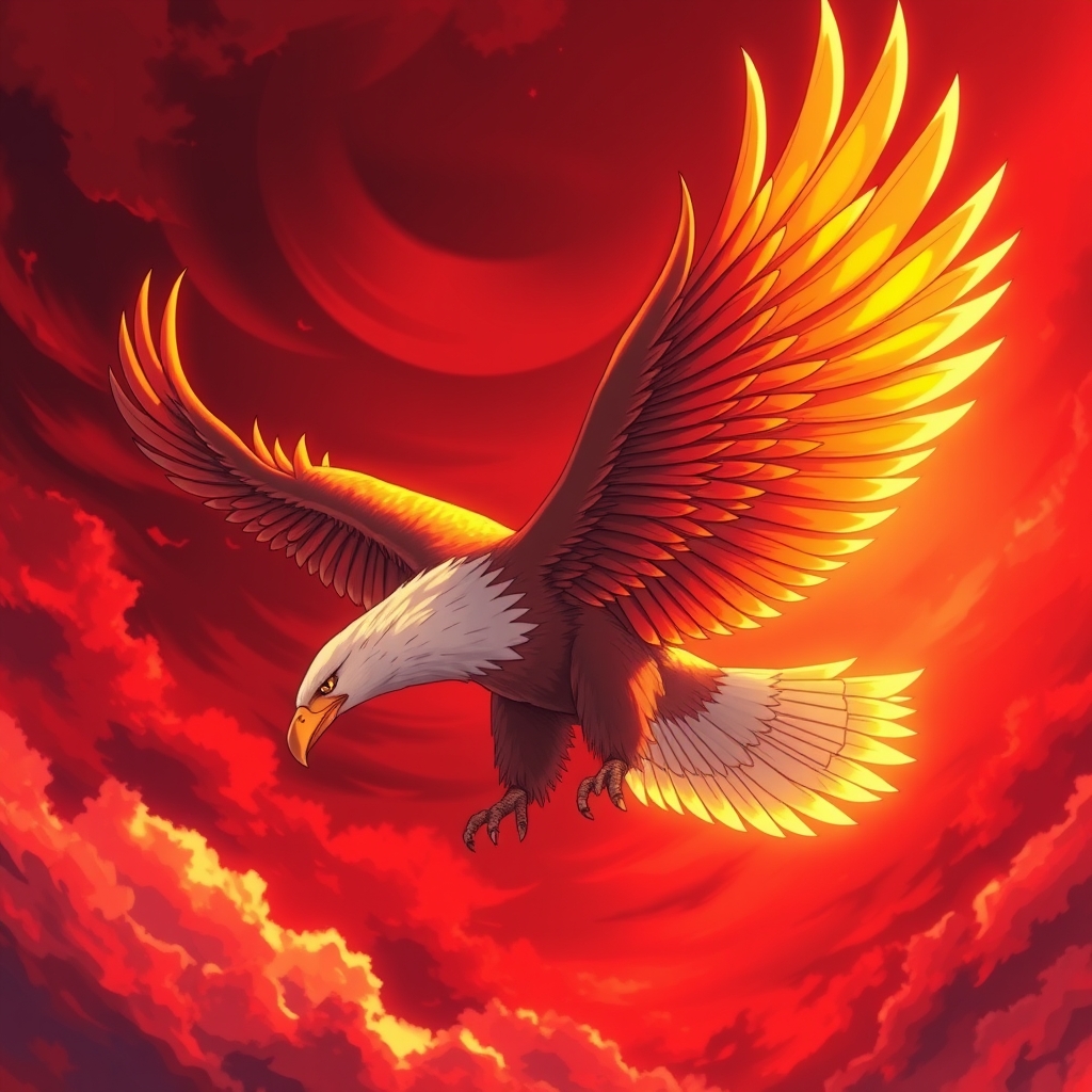 یک عقاب باشکوه با پرهایی از جنس آتش، در حال پرواز در آسمان قرمز نمایشی.13