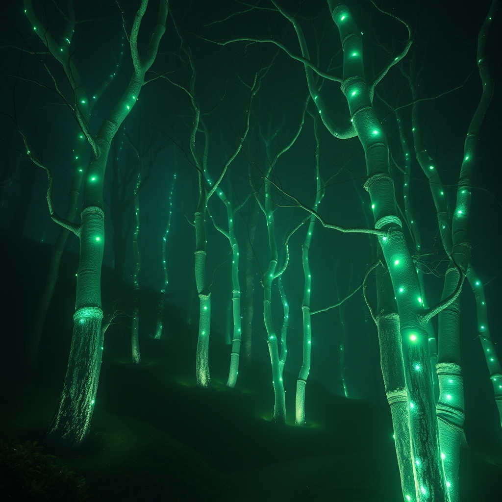 یک جنگل اسرارآمیز با درختانی از جنس نور، که با سایههای سبز و آبی به نرمی میدرخشند
2