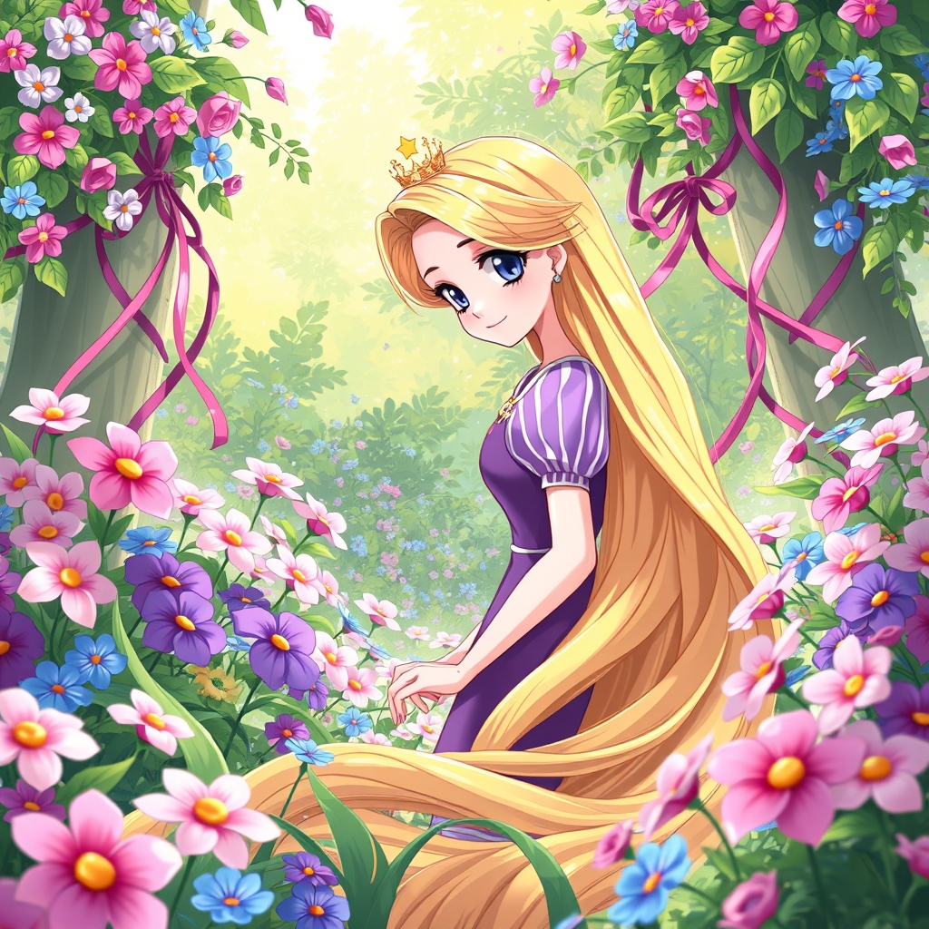 راپونزل در با غی  بسیار زیبا و پر از گل های صورتی آبی و..👱🏻‍♀️🩵💖💜🌸🎀🍀👑😊😇2