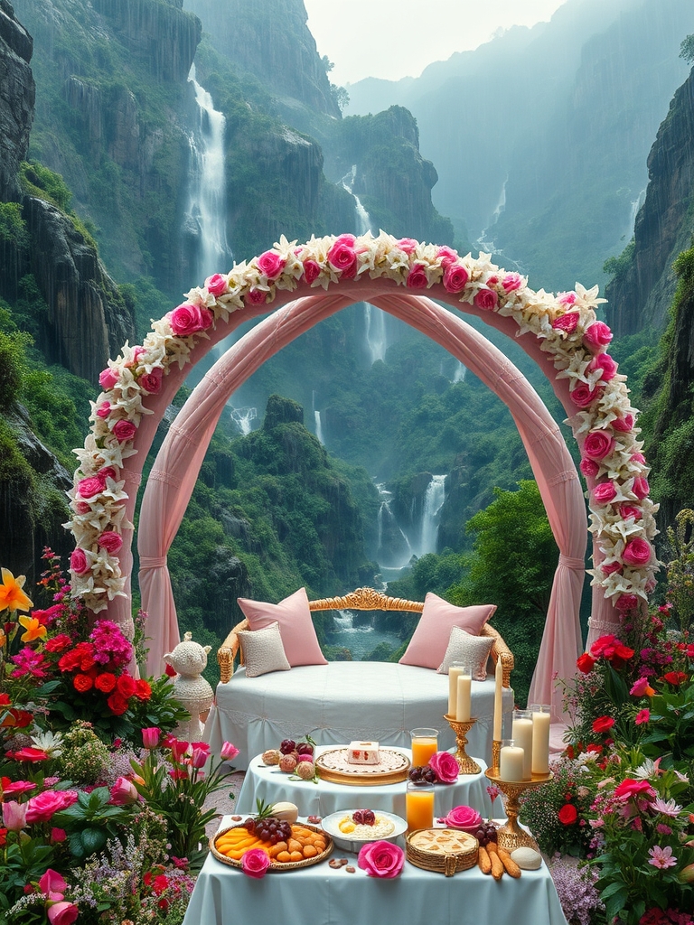 در صبح بهاری بارانی دره بلند سبز و صخره سان که اطرافش رودها چشمه سارها آبشارها جاری و روان از بالا به پایین پر شده از گل های رز لی لی یم ارکیده اطلسی شب بو مریم نرگس نسترن یاس سنبل سوسن زیر تونل شکوفه صورتی و سفید سیب با تخت سلطنتی بلند و دایره وار دخترانه طلایی با کوسن های سفید و صورتی تم قرون وسطایی میز کوچک سفید با تزیین شمع و گل رز صورتی پر شده با نان کره خامه عسل میوه انار انگور سیب شیر گردو خرما


2