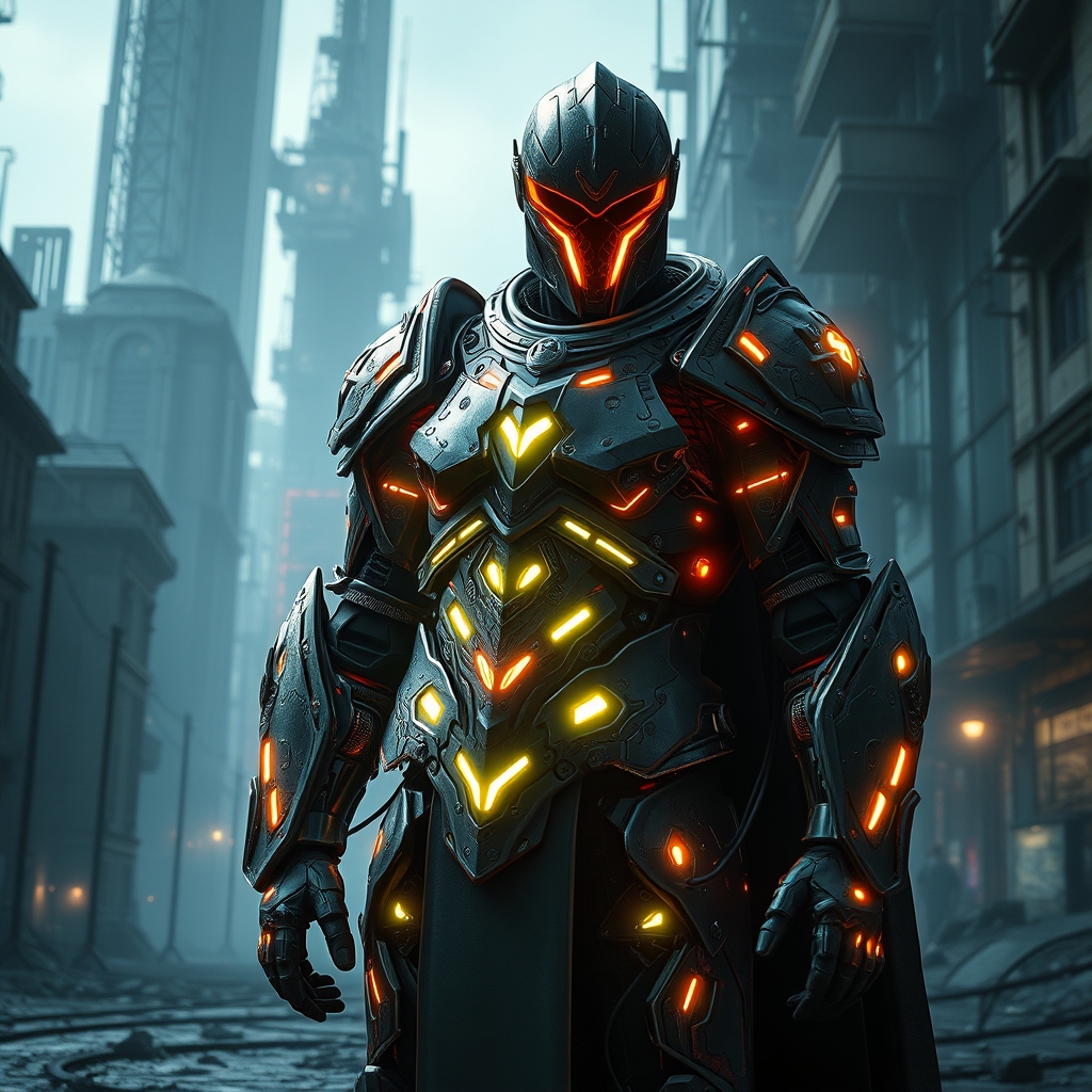 یک شوالیه آینده‌نگر با زره اسکلت خارجی درخشان، ایستاده در دنیایی پسا‌آخرالزمانی.1