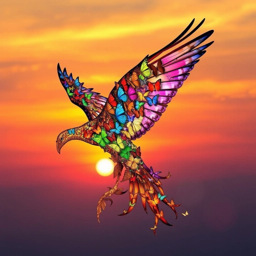 یک ققنوس ساختهشده از پروانههای رنگارنگ، در حال پرواز در برابر آسمان غروب.13
