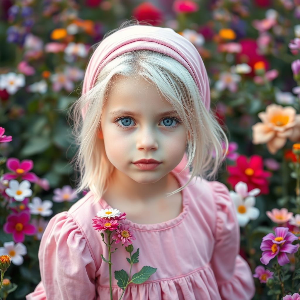 دختری  که به گل ها علاقه ی زیادی داردکه مو هایش مسل برف‌ است چشمش صورتی لبش چون زیبایی را به خودش جلب مکند پوستی مسل برف دارد لباسش صورتی است16