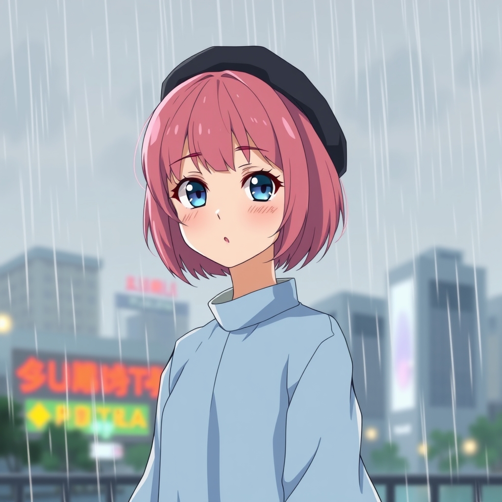 یک دختر با موهای صورتی و کلاه سیاه تو روز بارونی23