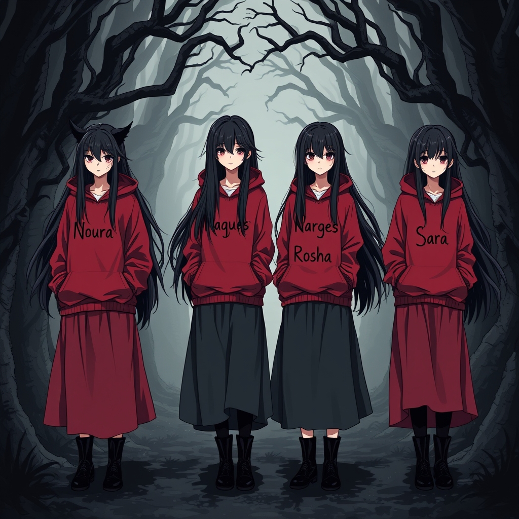 چهار دختر زیبا با مو های پریشان شده و بلند و مشکی در جنگلی خوفناک که آنها هودی های قرمز به تن دارند که اسمشان رویش نوشته شده به اینگلیسی اولی نورا نرگس روشا سارا9