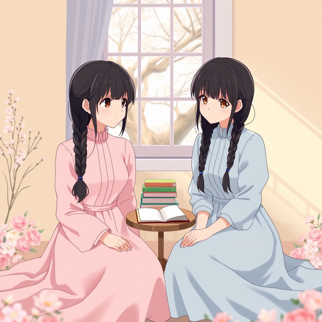 دوقلو خواهر که هر دو خیلی شبیه هم و زیبا هستند یکی مو های لخت مشکی بافته داره و دیگری مو های لخت مشکی که روی شانه ریخته و باز است با لباس های شبیه هم که یکی صورتی روشن و دیگری آبی روشن است در اتاقی پر از گل های زیبا پنجره بزری باز است و شاخه های درختان بید و... پیداست. کنار آنان میزی به همراه دفتر و کتاب هست که می خواهند شعر بنویسند و باهم بخوانند4