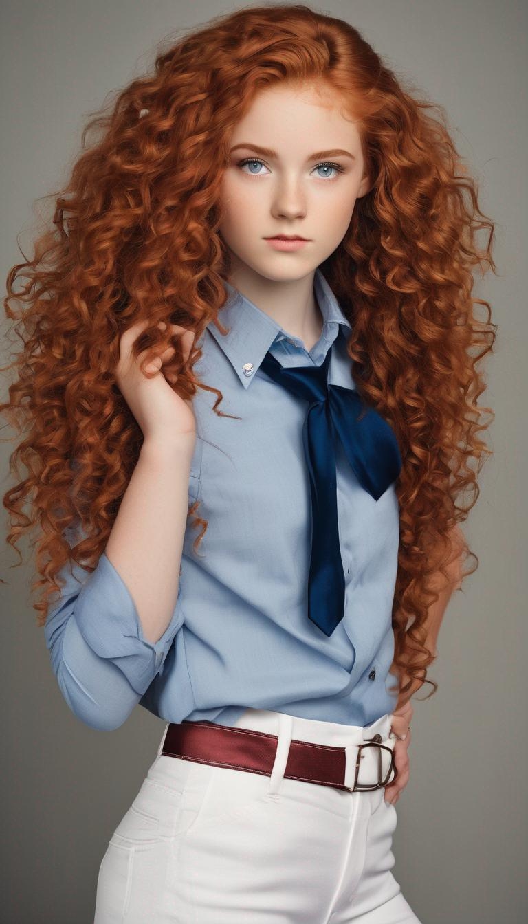 دختر ۱۸ ساله با موهای قرمز ملایم و چشمان ابی ، با شومیز و شلوار سفید و کراوات قرمز و مو های فر19