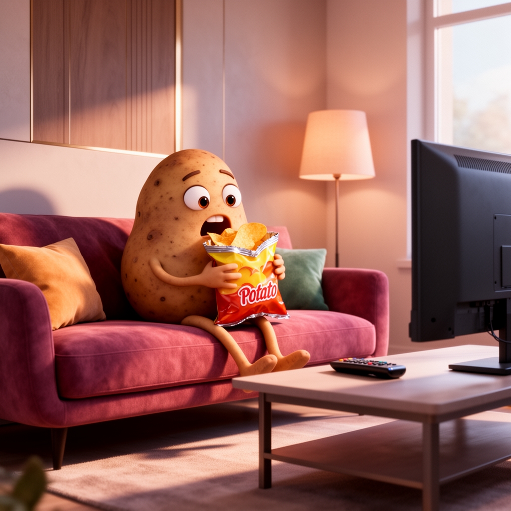 یک سیب‌زمینی که روی مبل نشسته و تلویزیون تماشا می‌کند و چیپس می‌خورد، مفهوم "Couch Potato"، سبک کارتونی سه بعدی.1