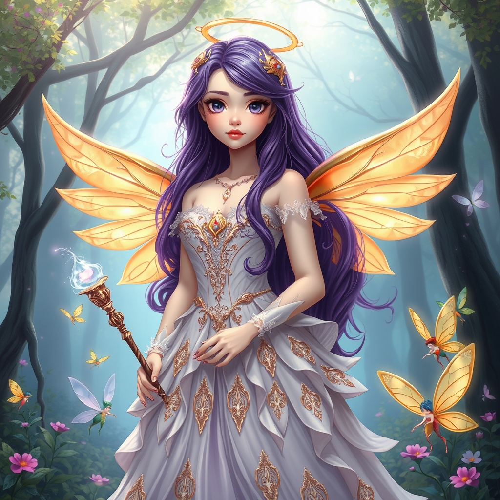 یک فرشته ی زیبای مهربان با چشمان بنفش موهای بنفش بلند پوست سفید لبهای گوشتی وبالهای ظریف طلایی و چوب دستی جادویی و پیراهنی زیبا و با شکوه که چند پری کوچولوی کیوت در کنارش هستند در یک جنگل جادویی ایستاده است 1