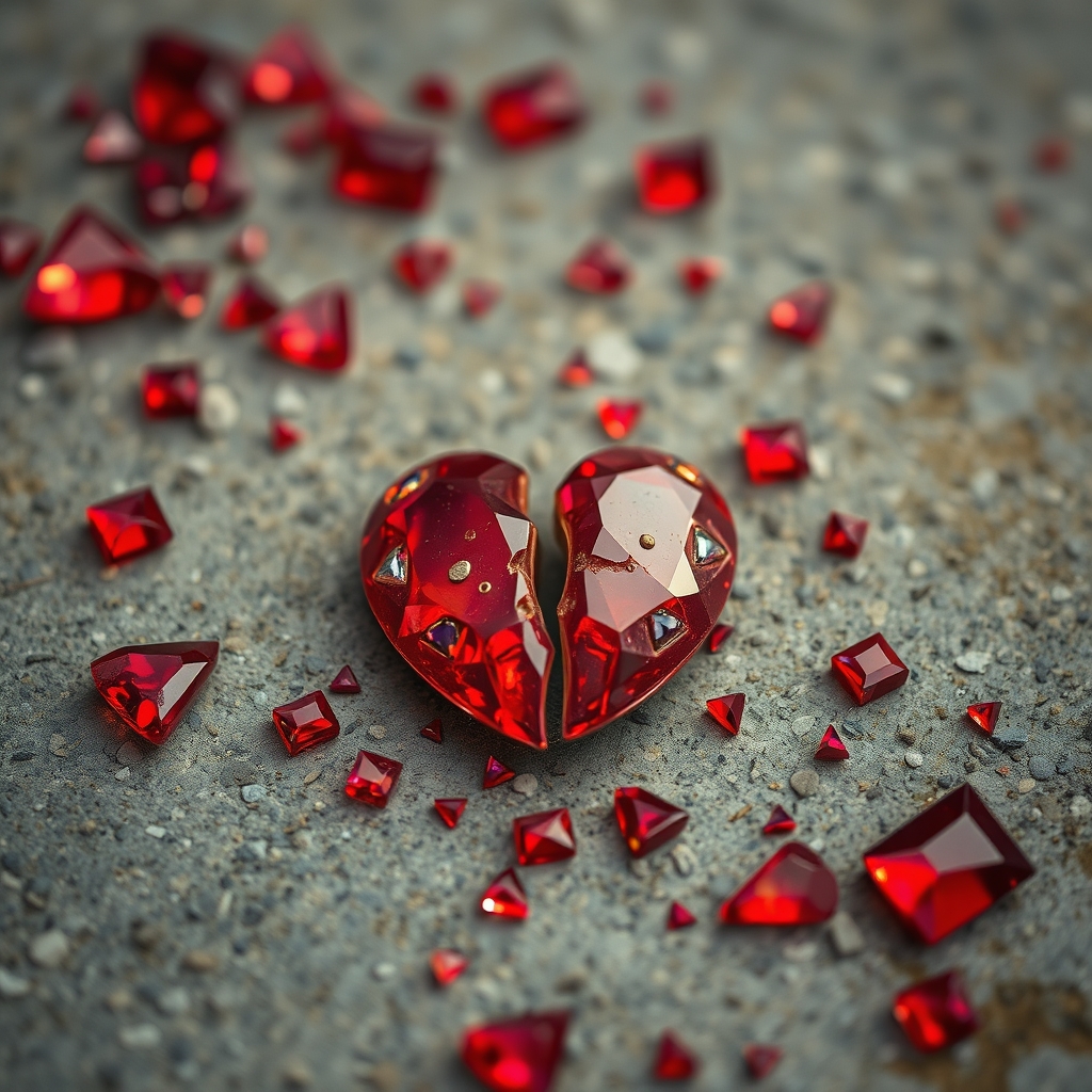 قلبی که از سنگ های گران قیمت درست شده 
با رنگ قرمز 
روی زمین افتاده و شکسته 
دو قسمت شده و دورش قطع های شکسته اش باشد 
12